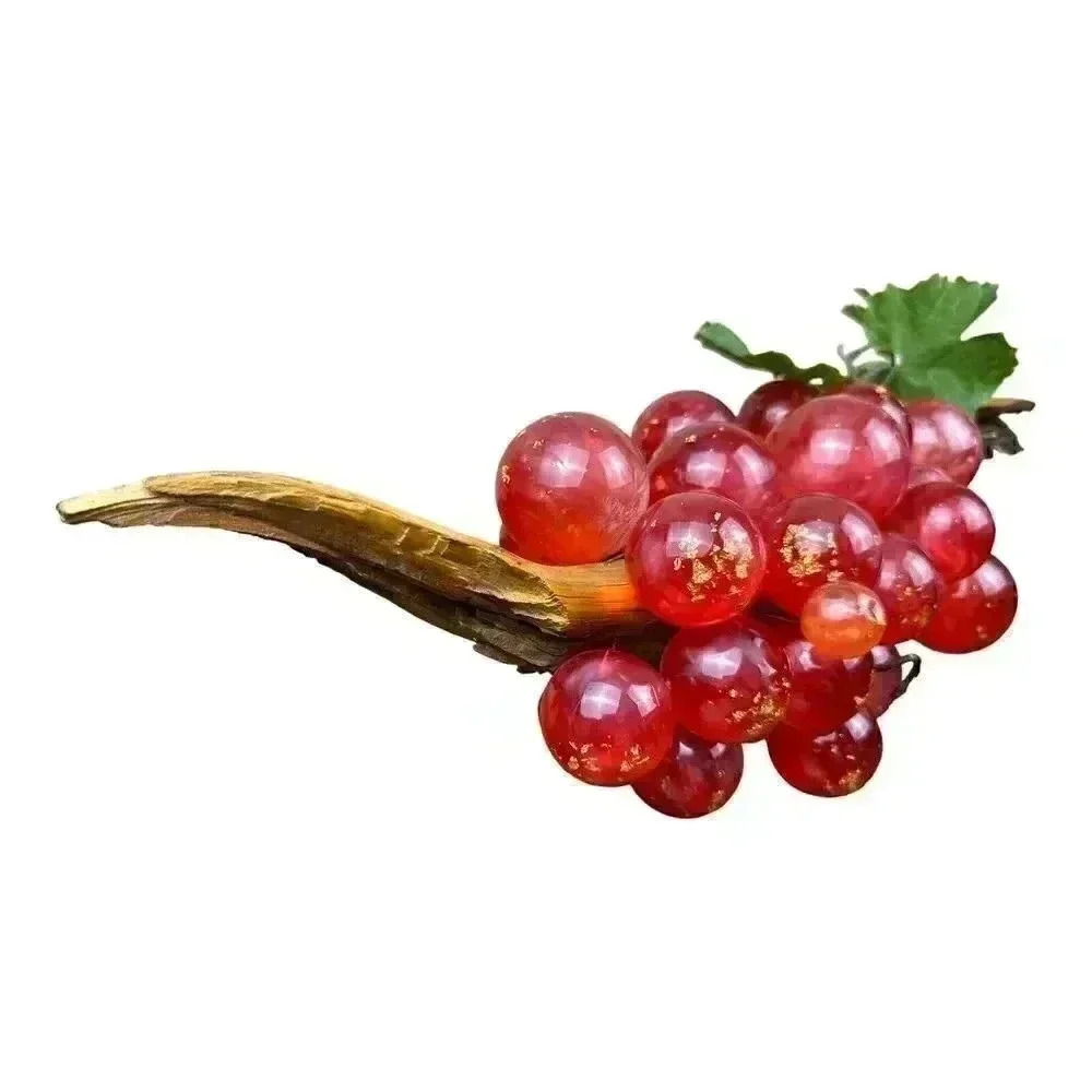 Vintage MCM Mod Violet Red & Gold Lucite Grapes Cluster Large drift wood stem - Picture 3 of 11